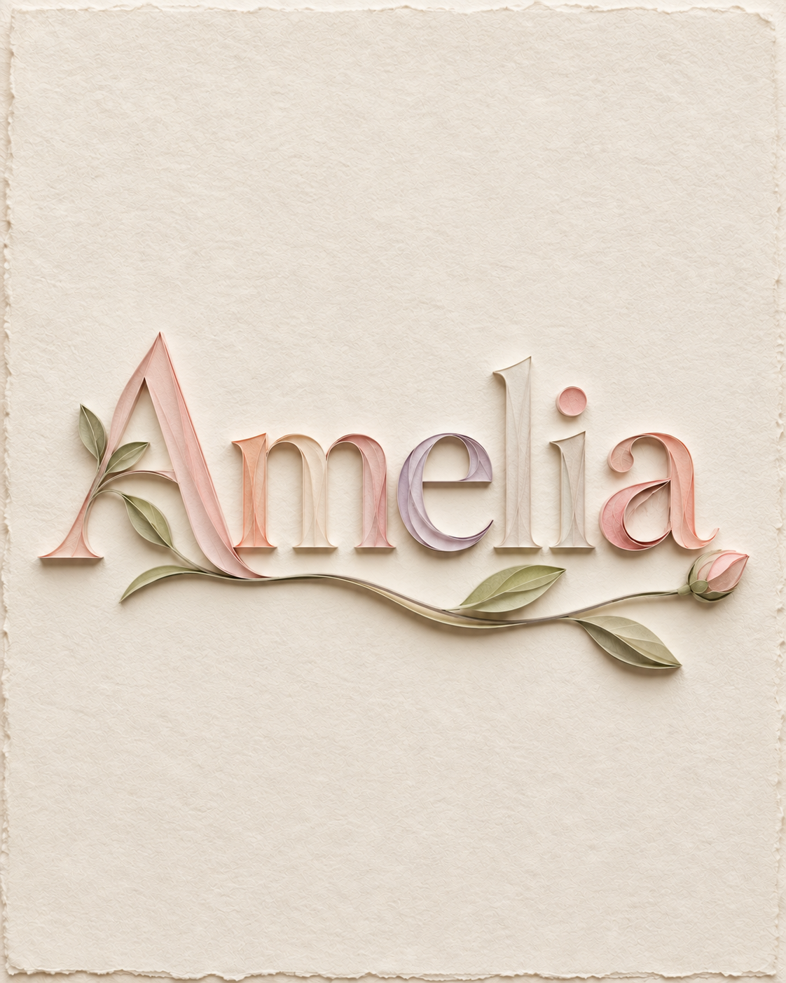 Amelia in softly colored dimensional paper lettering, with a botanical stroke growing from the capital A