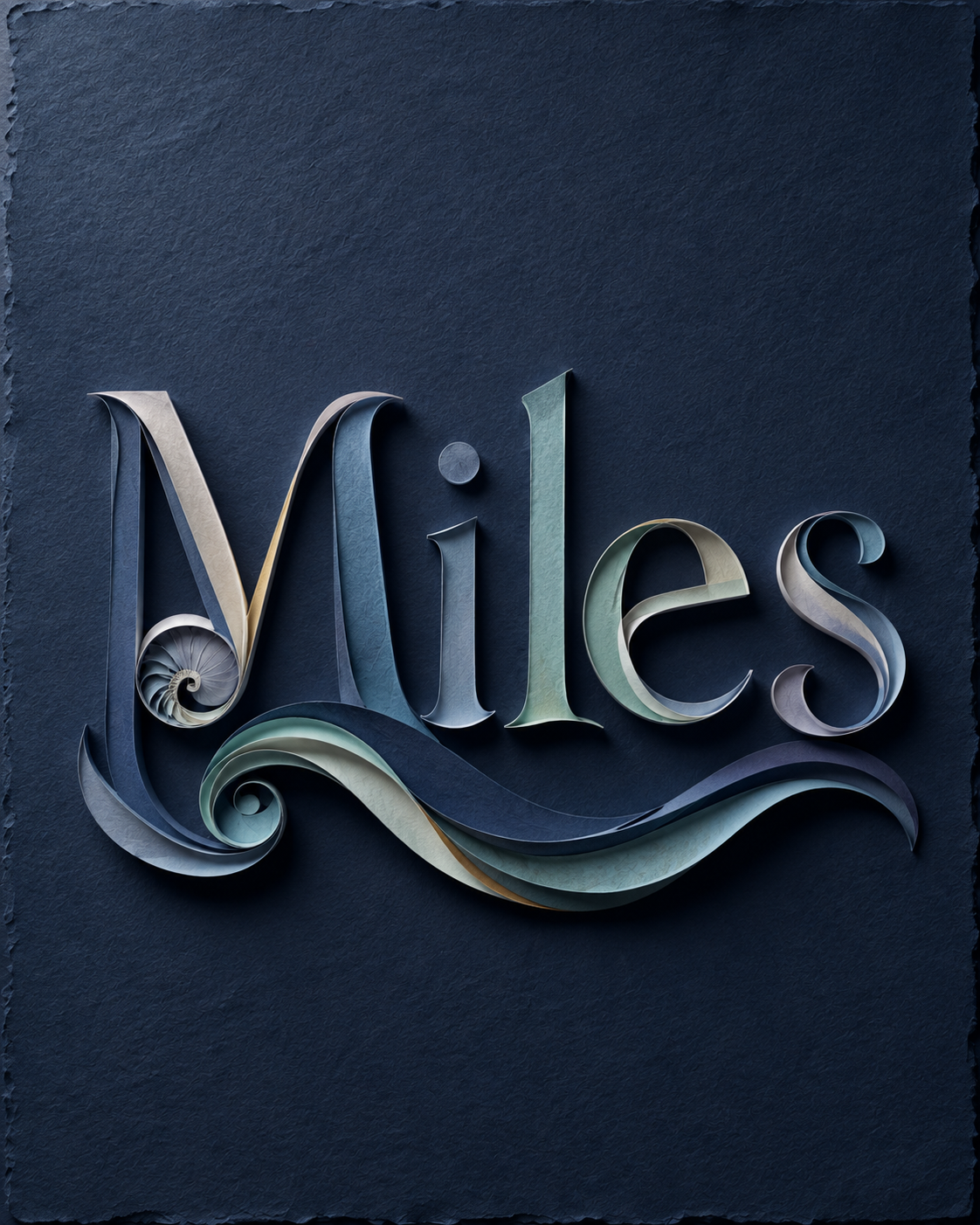 Miles in dimensional paper-style letters above flowing waves on a dark blue background