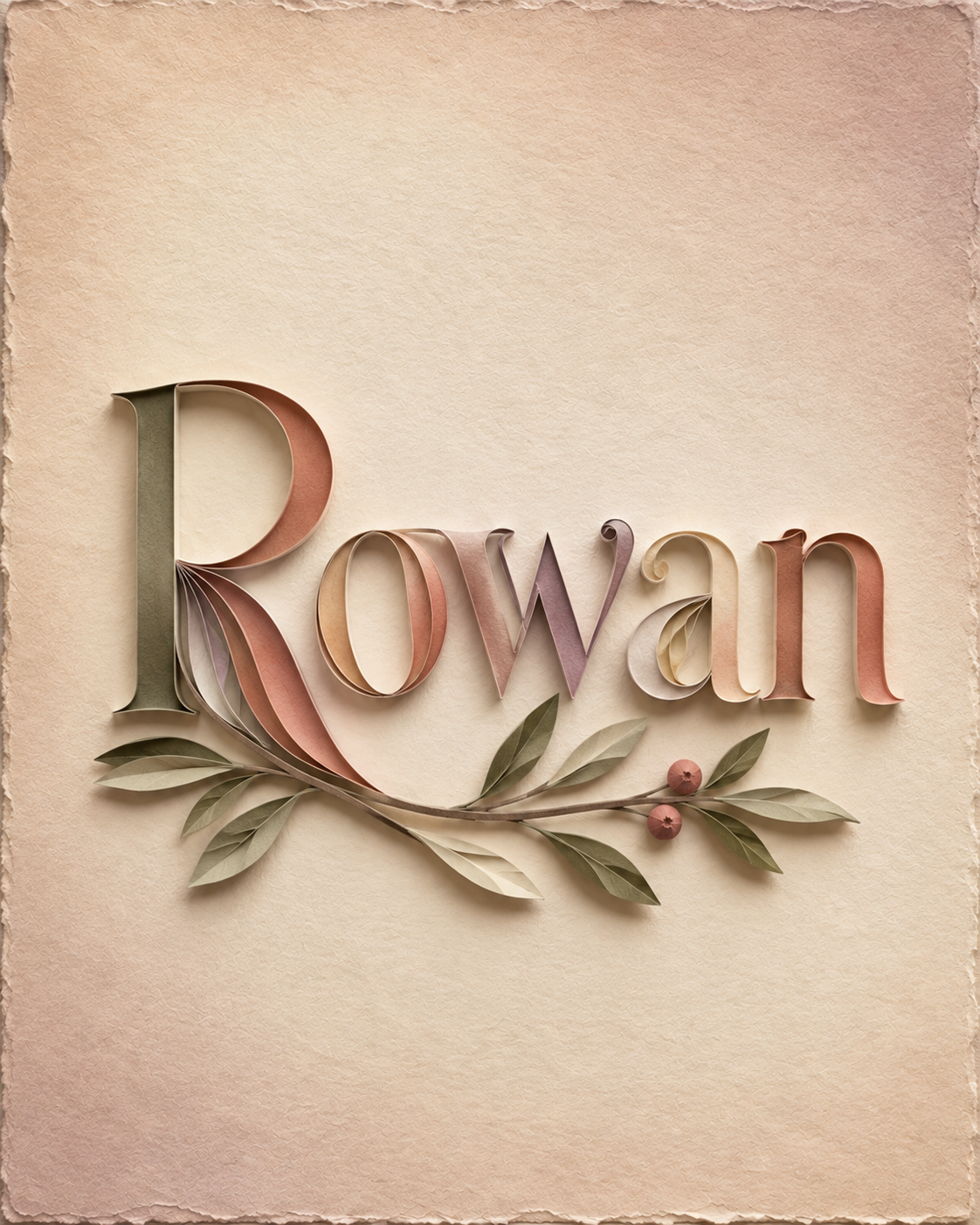 Rowan in earthy paper-style lettering with leaves and berries